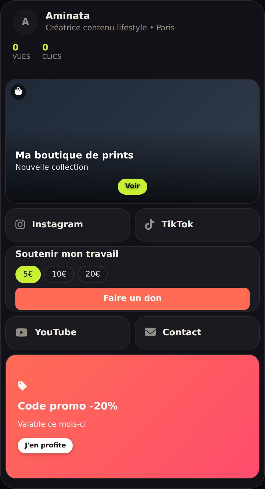 Aperçu d'une page Unilinkbio avec des blocs bento personnalisés